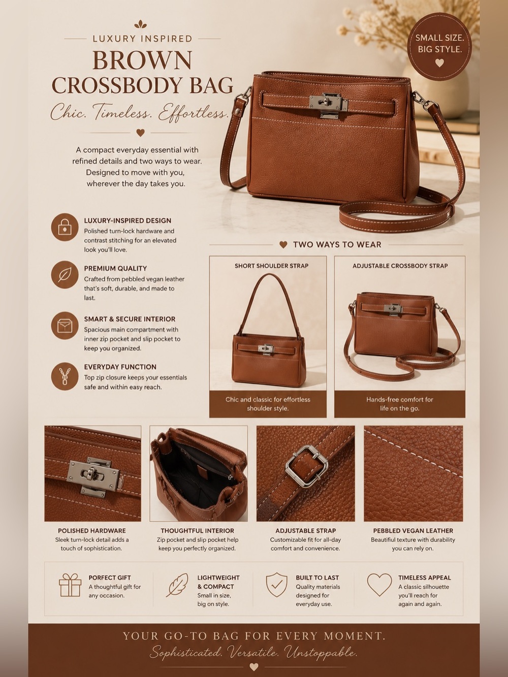 Brown Crossbody bag with two strap options